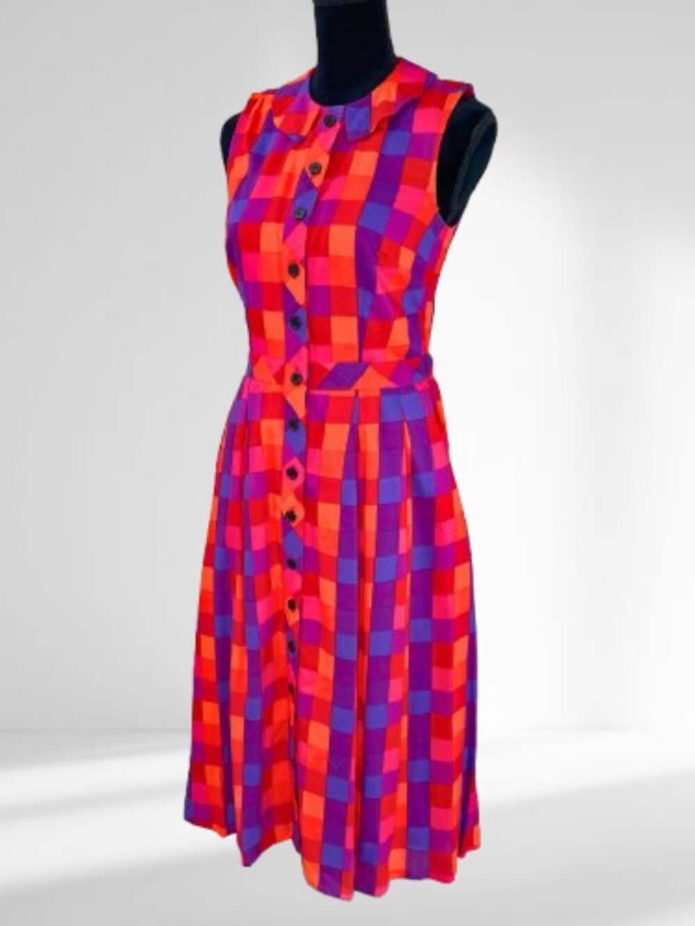 Eshakti HOT pink purple orange red Plaid Midi dress Peter Pan collar CUTE 6 - Picture 1 of 3
